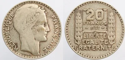 France Third Republic 1933 20 Francs Silver (.680)