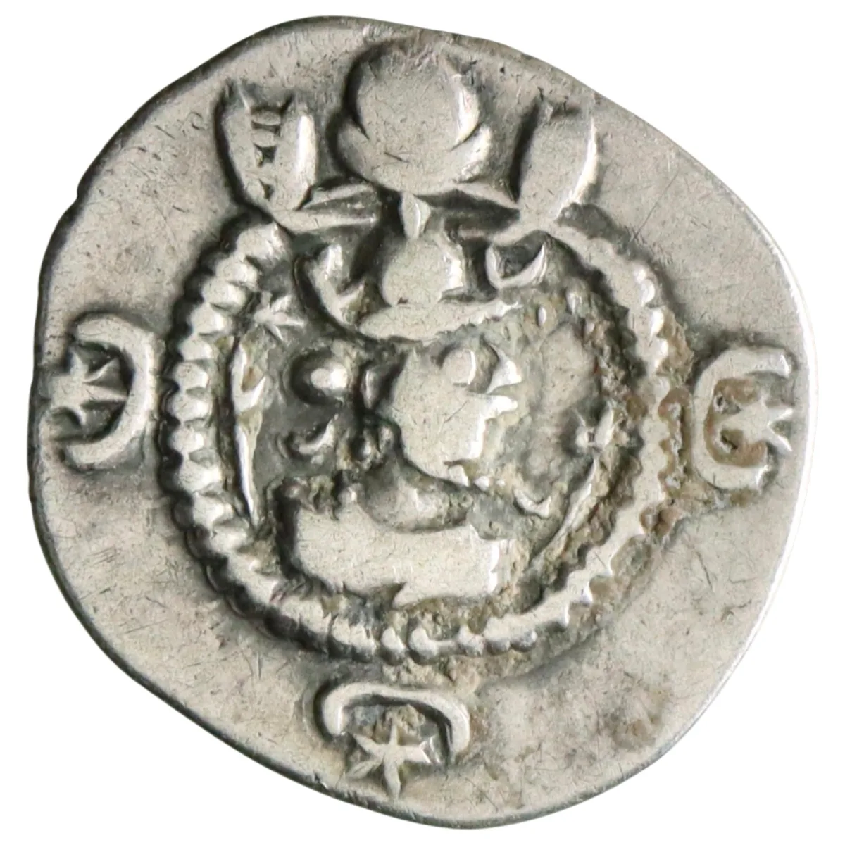 Sasanian: Kavad I (488-531), silver obol (0.35g), 488-531 CE. Draped bust of Kavad I wearing a mural crown / Fire altar flanked by two attendants.