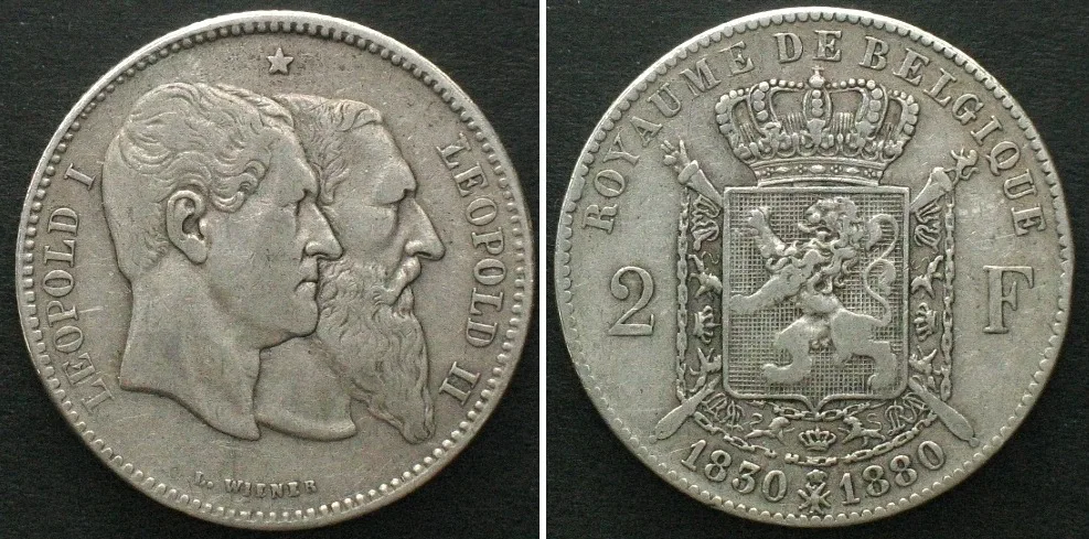 1880 BELGIUM. 2 Francs 1880, 50th ANN. OF INDEPENDENCE silver VF+