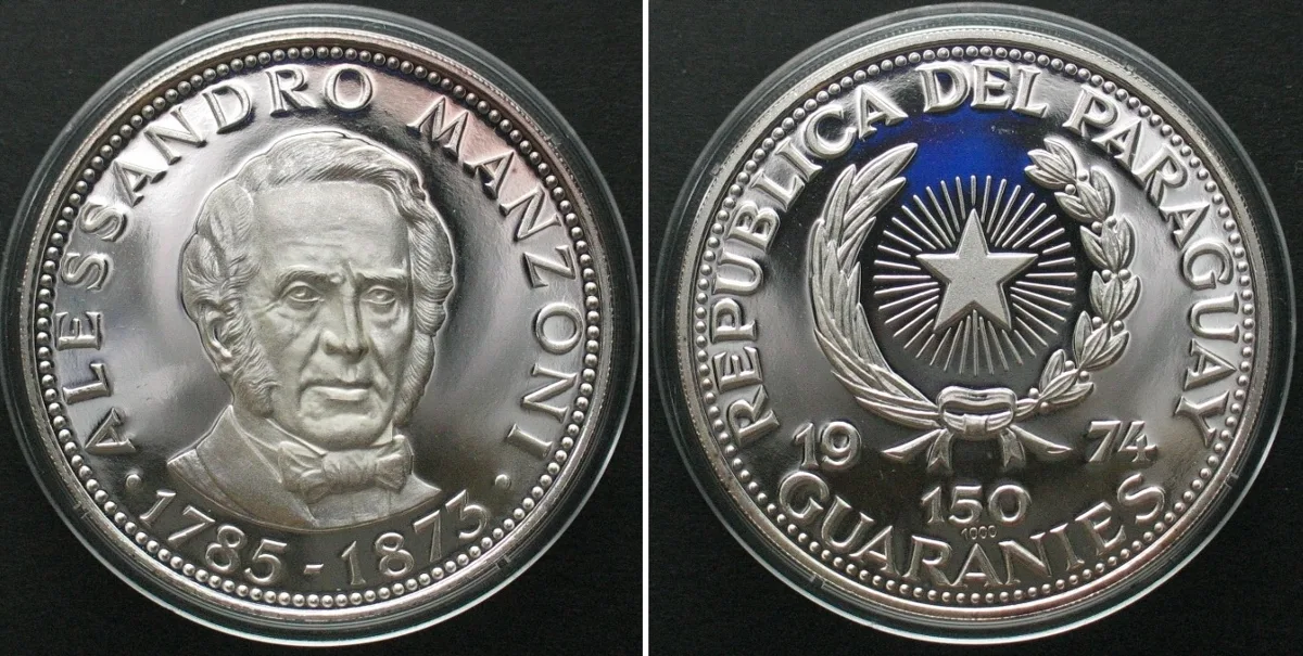 1974 PARAGUAY. 150 Guaranies 1974, ALESSANDRO MANZONI, silver Proof RARE! Proof