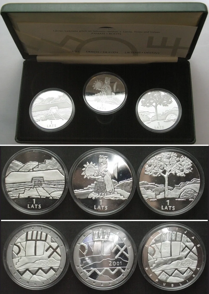2001 LATVIA 3 x 1 Lats 2000, 2001, 2002, Times and Values, silver, Proof