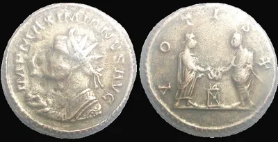 ROMAN MAXIMIANUS (struck March-November 293 AD) AE silvered 22.5mm, 4.1gm Antoninianus. Lugdunum mint, 10th emission, toned, Rare.