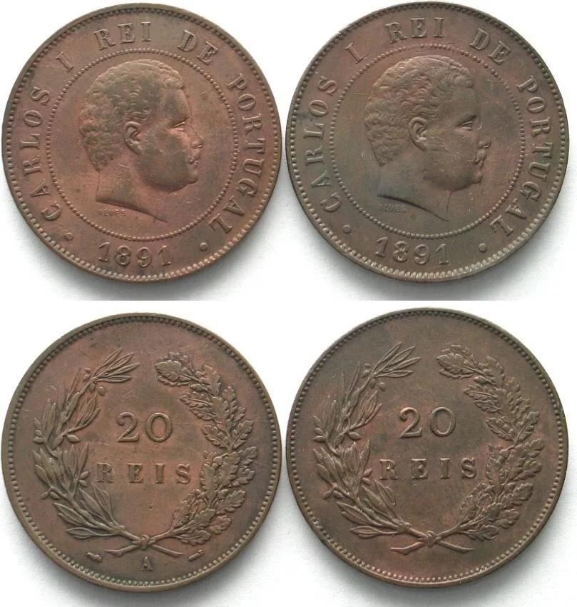 1891 PORTUGAL 20 Reis 1891 & 1891 A CARLOS I bronze XF/aXF EF/EF-