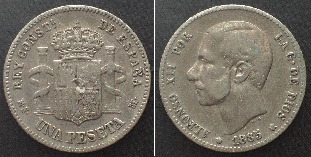 1885 SPAIN. 1 Peseta 1885 (85) MS-M, ALFONSO XII, silver, KEY DATE! VF-XF VF-EF