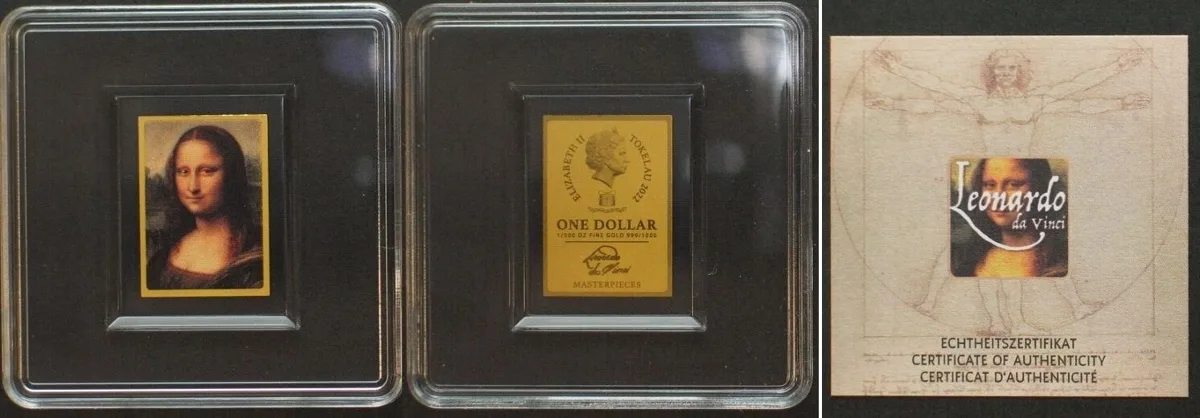 2022 TOKELAU 1 Dollar 2022, Leonardo da Vinci MONA LISA, Gold 1/500 oz BU