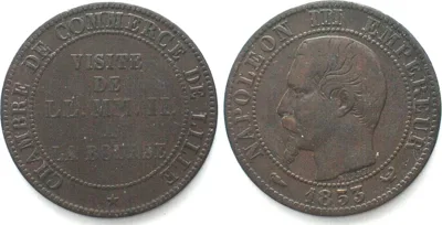 1853 FRANCE 5 Centimes 1853 VISIT TO THE BOURSE LILLE NAPOLEON III bronze VF