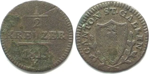 1815 Swiss Cantons SAINT GALL, Canton. 1/2 Kreuzer 1815 billon VF