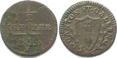 1815 Swiss Cantons SAINT GALL, Canton. 1/2 Kreuzer 1815 billon VF