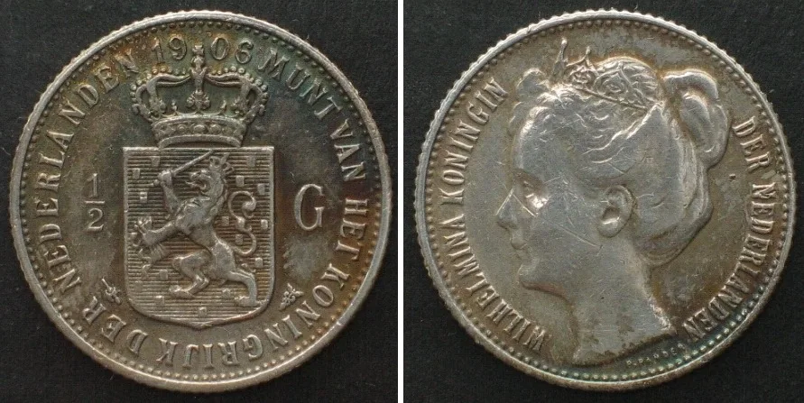 1906 NETHERLANDS 1/2 Gulden 1906 WILHELMINA silver AU!