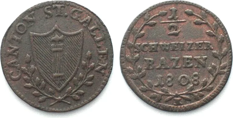1808 Swiss Cantons SAINT GALL, Canton. 1/2 Batzen 1808, billon AU! EF
