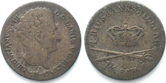 1842 DENMARK 4 Rigsbankskilling 1842 FK//VS, CHRISTIAN VIII billon aVF VF-