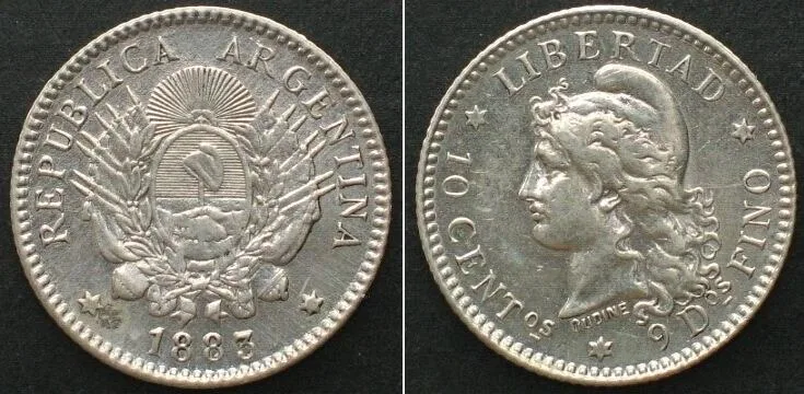 1883 ARGENTINA. 10 Centavos 1883, silver, AU!