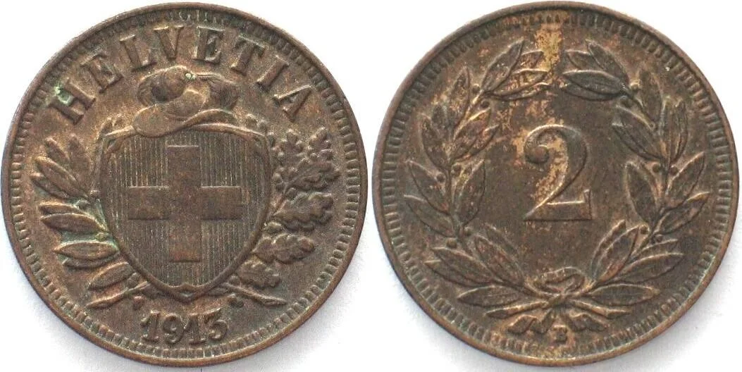 1913 SWITZERLAND 2 Rappen 1913 Bronze UNC-!
