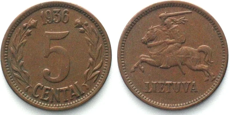 1936 LITHUANIA. 5 Centai 1936 bronze AU!