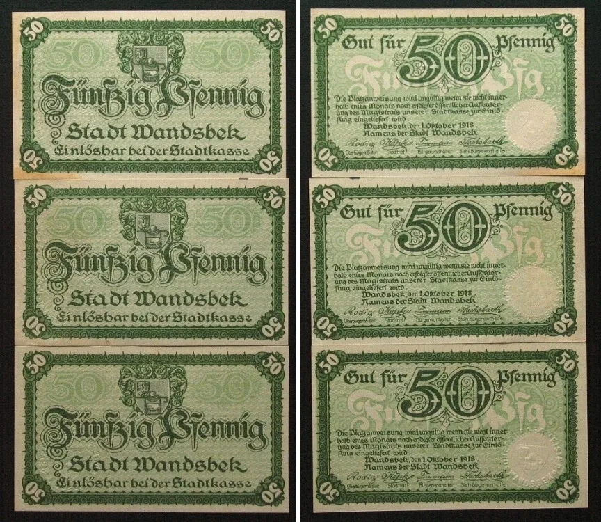 1918 GERMANY. Notgeld. WANDSBEK 3 x 50 Pfennig 1918 UNC,UNC,UNC-