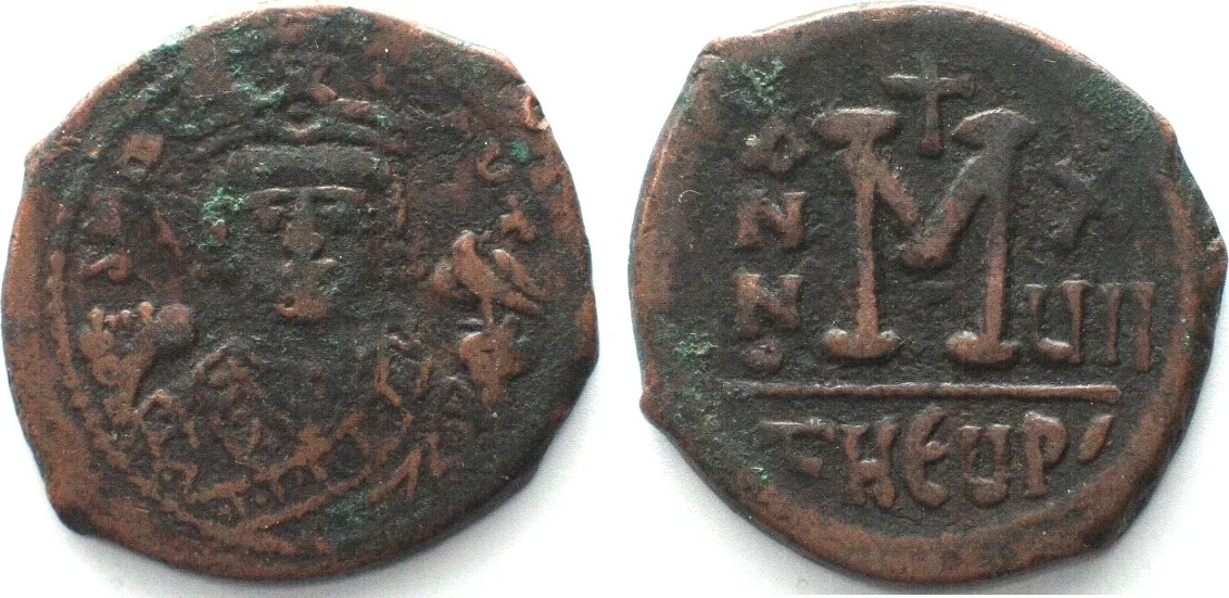 599 MAURICE TIBERIUS (582-602). AE Follis, 40 Nummi, AN XVII (599), Theoupolis VF+