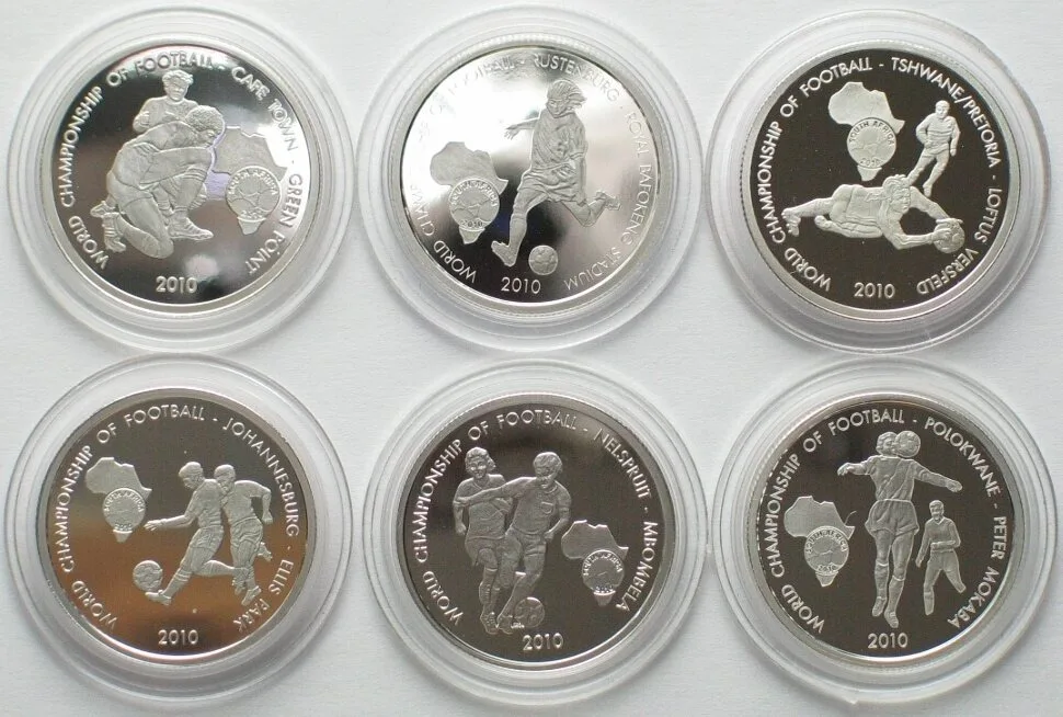 2010 TOGO. Complete Set 6 x 250 Francs 2010, Soccer World Cup, silver, VERY RARE! Proof