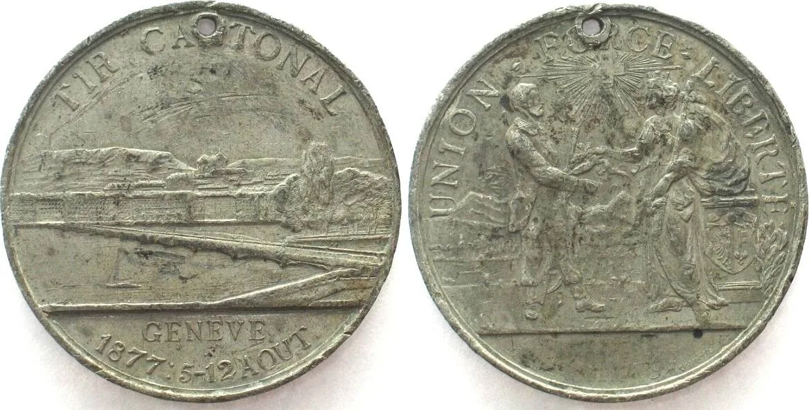 1877 GENEVA 1877 SHOOTING FESTIVAL Medal white metal by Mognetti 37mm VERY SCARCE! EF
