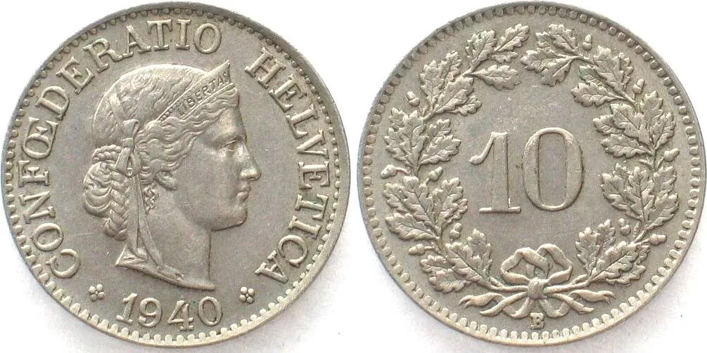 1940 SWITZERLAND 10 Rappen 1940 Cu-Ni AU!