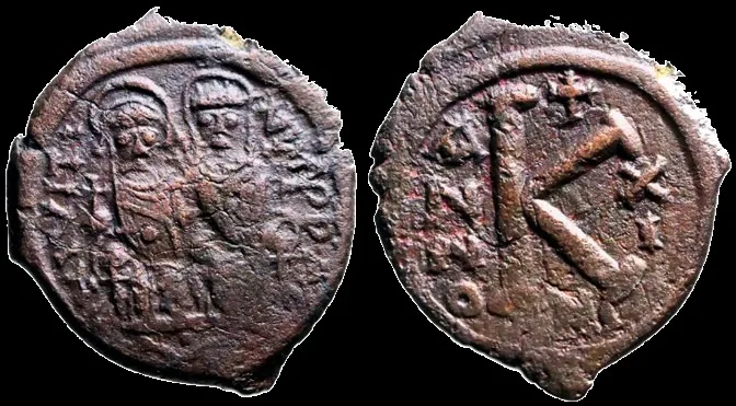 Justin II and Sophia 565-578 AD (Year 11, Struck 575/576 AD) AE 23.6mm 7.0gm Half Follis. Nikomedia.