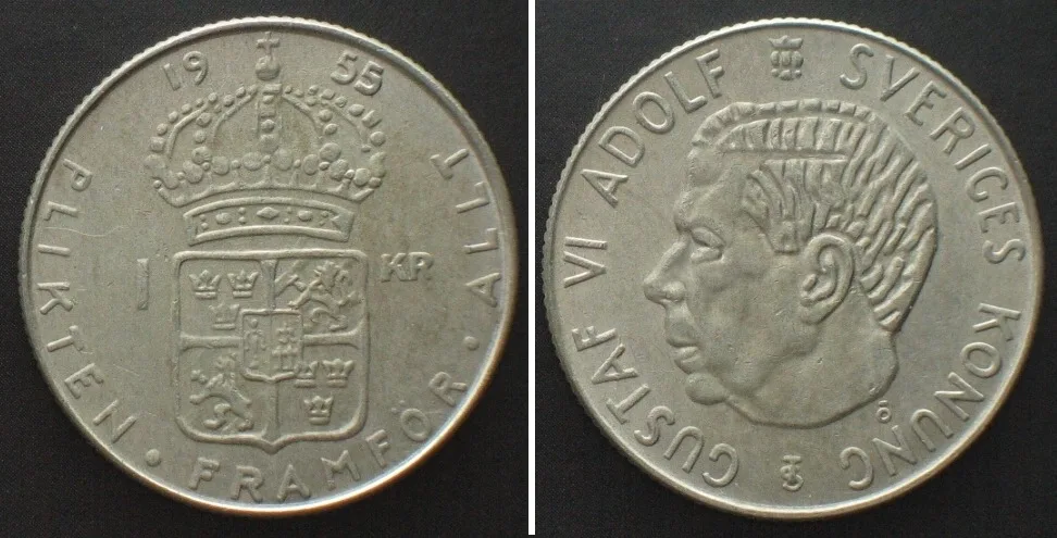 1955 SWEDEN. 1 Krona 1955 TS, GUSTAF VI ADOLF, silver, UNC!!!