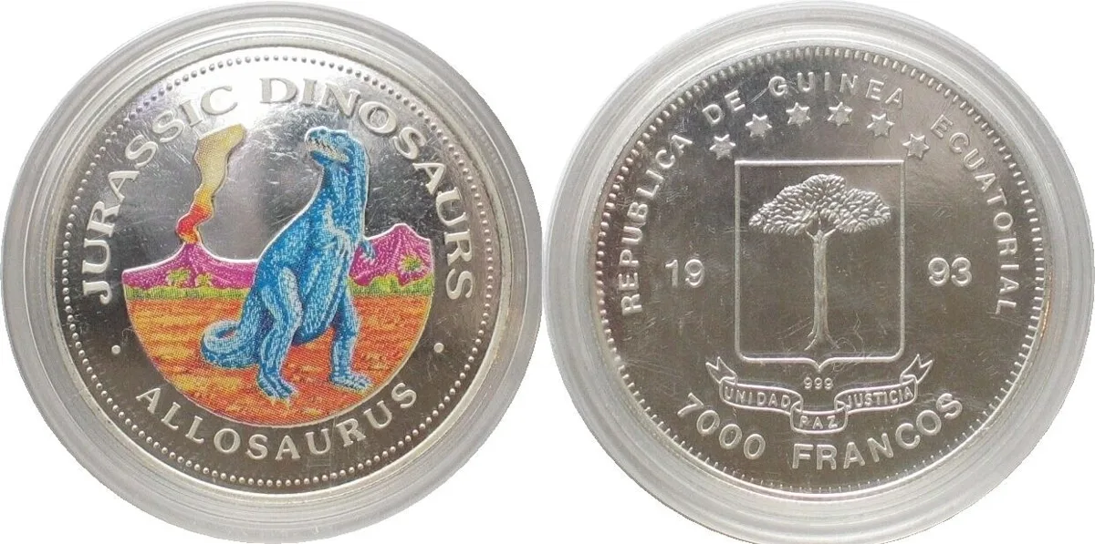 1993 EQUATORIAL GUINEA 7000 Francos 1993 Allosaurus DINOSAURS silver COLORED Proof