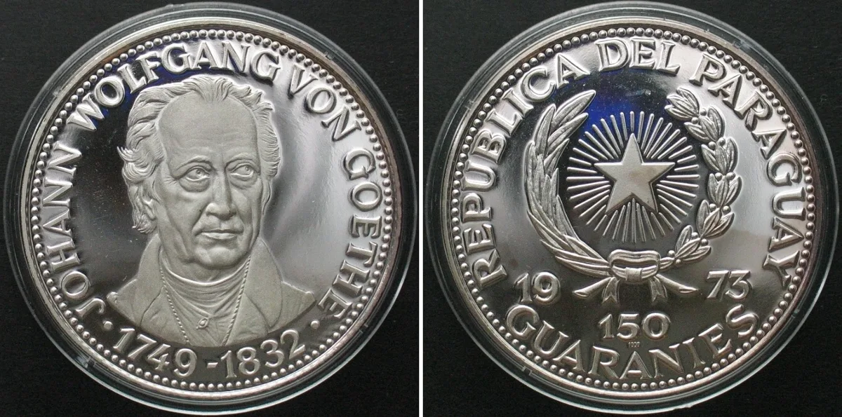 1973 PARAGUAY. 150 Guaranies 1973, JOHANN WOLFGANG VON GOETHE, silver Proof RARE! Proof