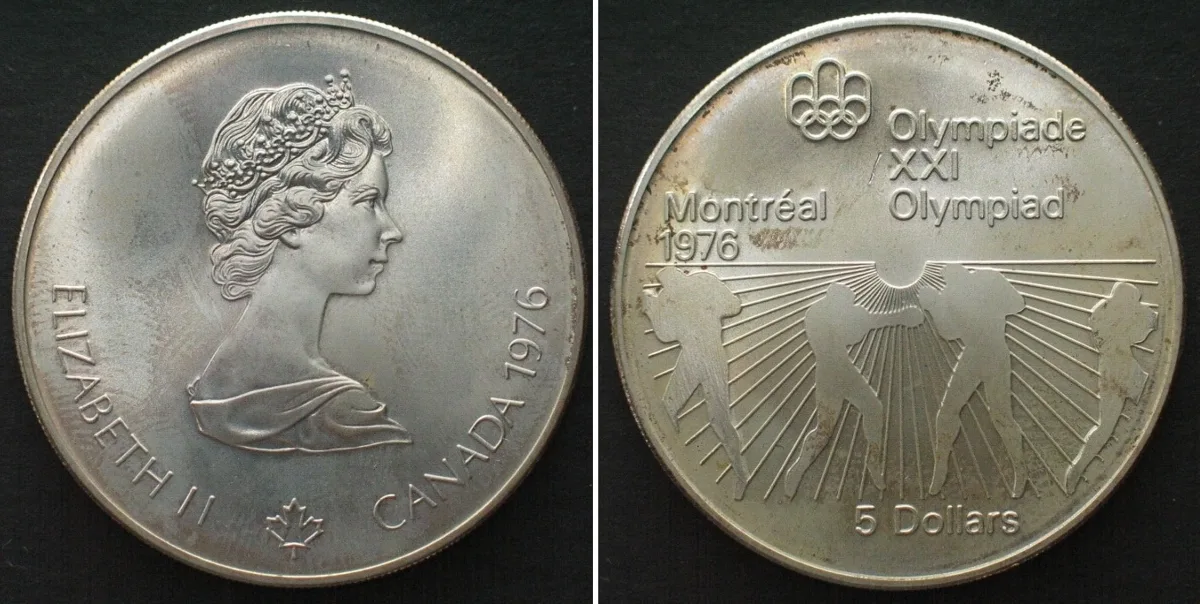 1976 CANADA 5 Dollars 1976, OLYMPICS MONTREAL, silver UNC