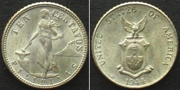 1944 PHILIPPINES 10 Centavos 1944 D, Denver mint, US ADMINISTRATION silver UNC-!