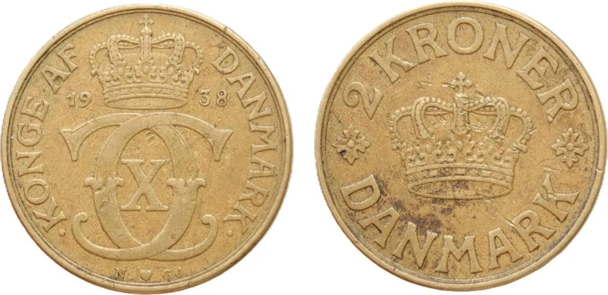 Denmark 2 Kroner 1938 (h) Coin, Christian X, Copenhagen