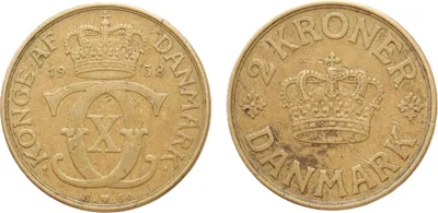 Denmark 2 Kroner 1938 (h) Coin, Christian X, Copenhagen