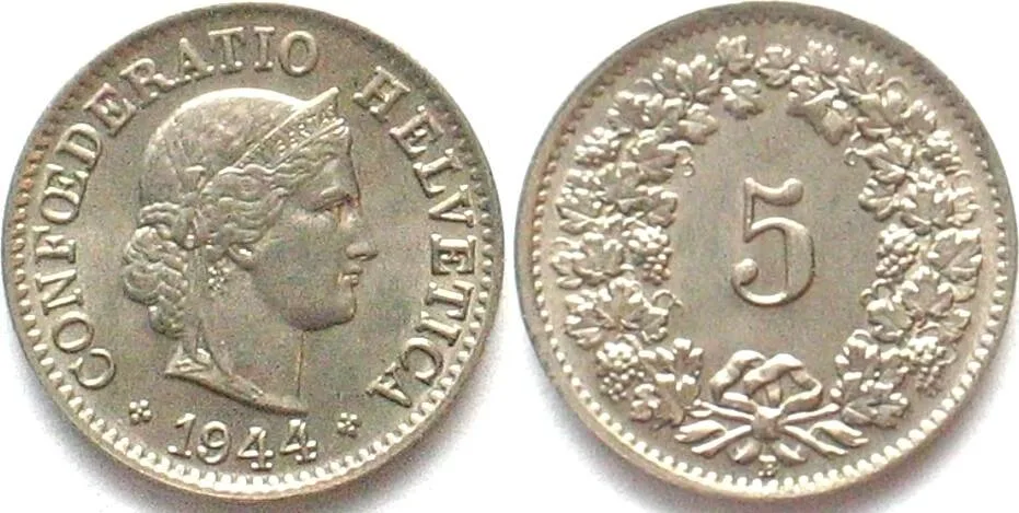 1944 SWITZERLAND 5 Rappen 1944 Cu-Ni UNC!