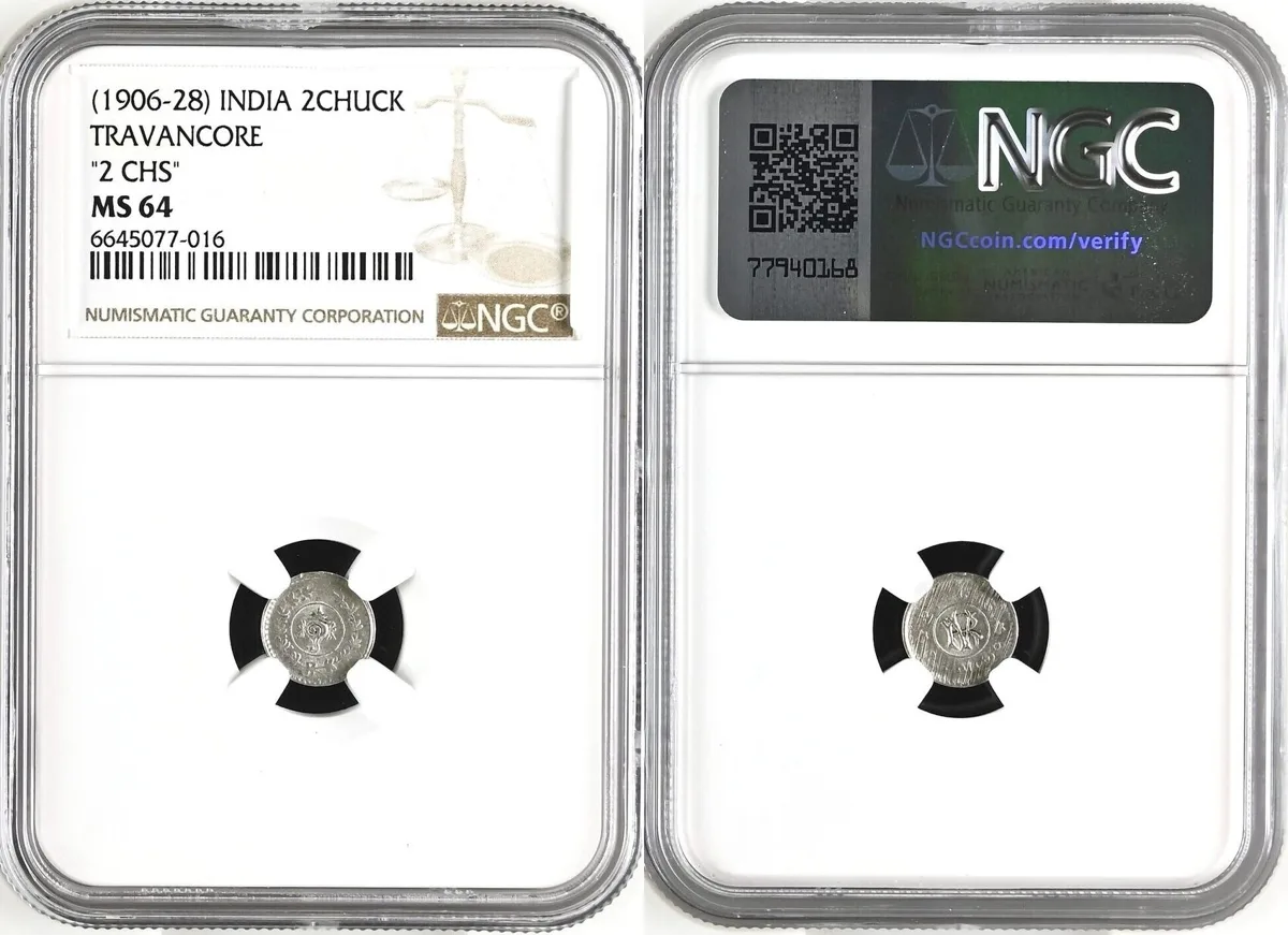 2CHUCK (1906-28) INDIA. Travancore, 2 Chuckrams ND(1906-28) Rama Varma VI, silver, NGC MS 64 NGC MS 64