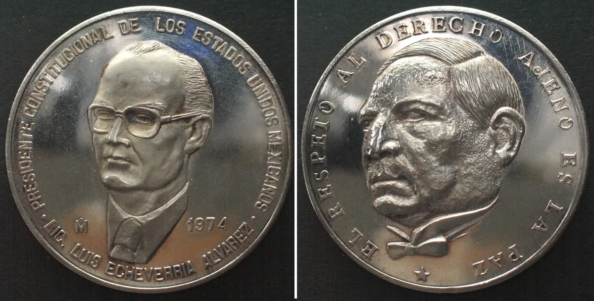 1974 MEXICO. Medal 1974, LUIS ECHEVERRIA ALVAREZ / Benito Juarez, silver, 42mm, RARE! Proof