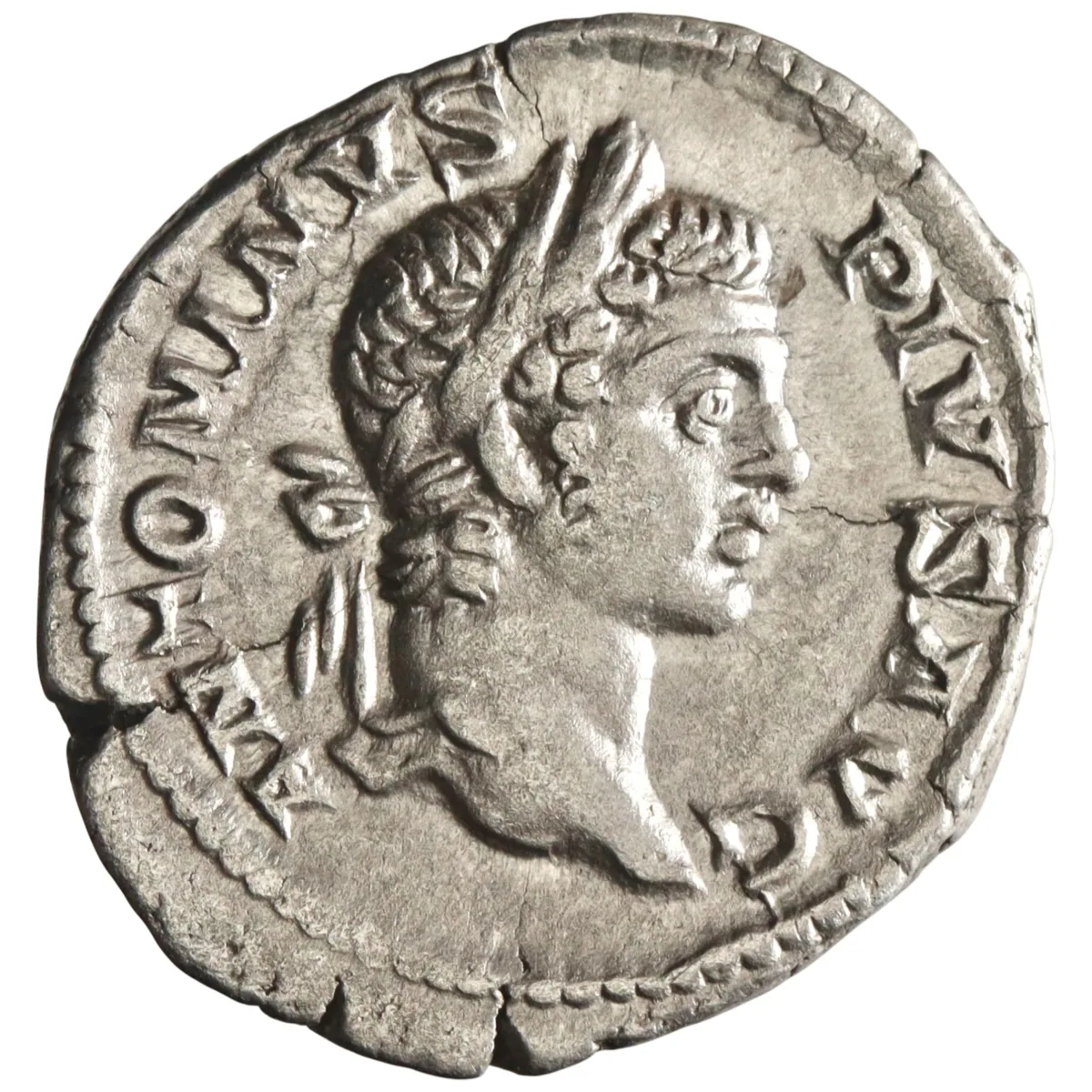 Roman: Caracalla (198-217), silver denarius (3.37g), Rome mint, 207 CE. Laureate draped bust / Mars walking right carrying trophy and spear.