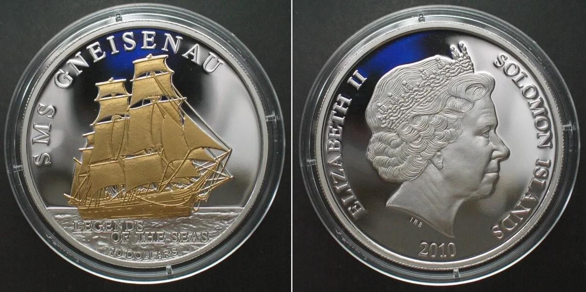 2010 SOLOMON ISLANDS 10 Dollars 2010 Gneisenau LEGENDS OF THE SEAS silver RARE! Proof