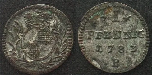 1783 German BRANDENBURG-BAYREUTH. Pfennig 1783 B, KARL ALEXANDER, billon UNC-!