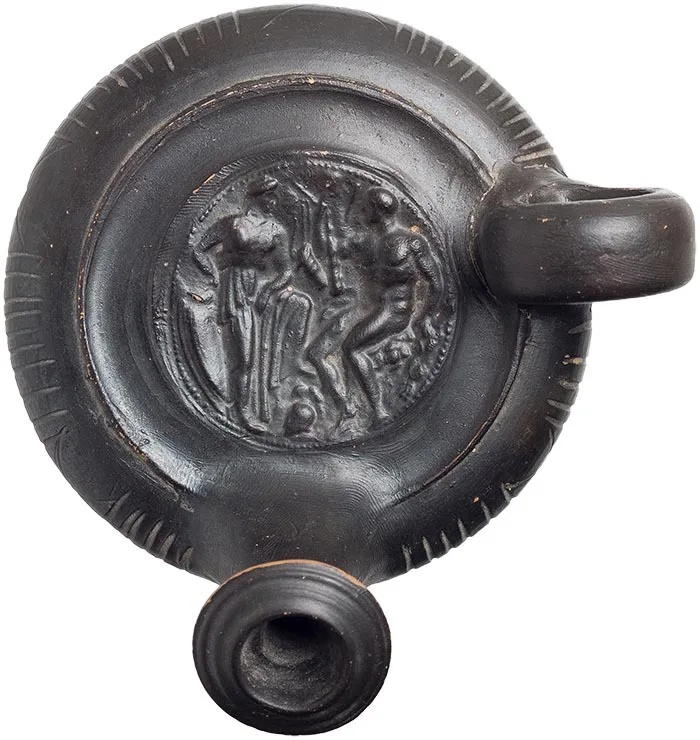 South Italian Black Glaze Guttus with Athena and Hercules