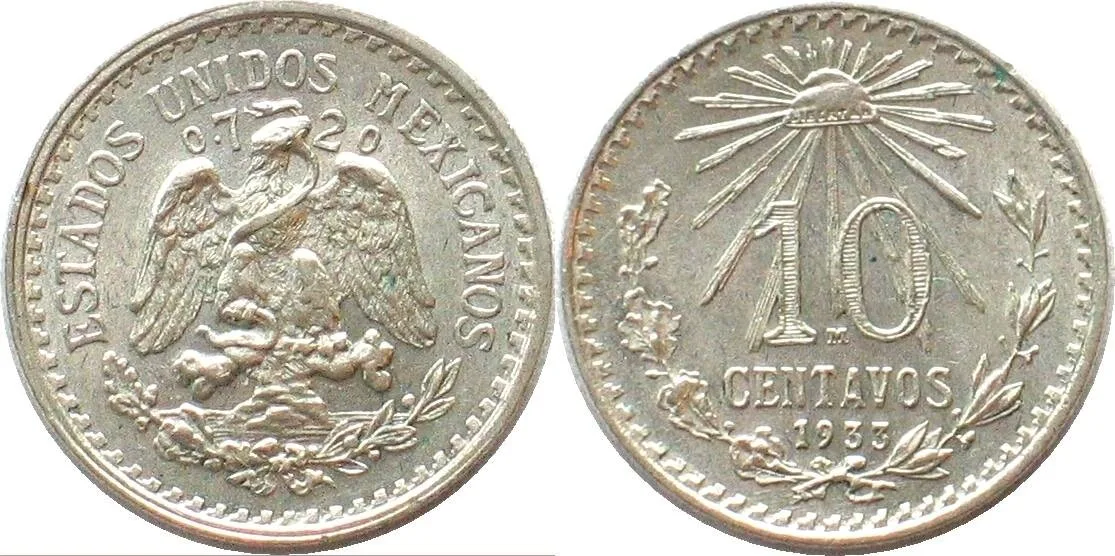 1933 MEXICO. 10 Centavos 1933, silver, UNC-