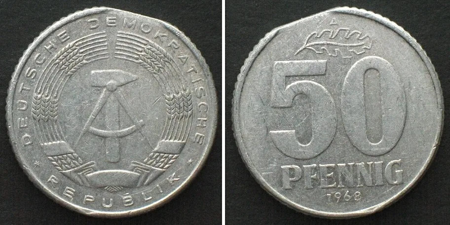1968 GERMAN DEMOCRATIC REPUBLIC 50 Pfennig 1968 A, Alu CLIPPED FLAN MINT ERROR VF-EF