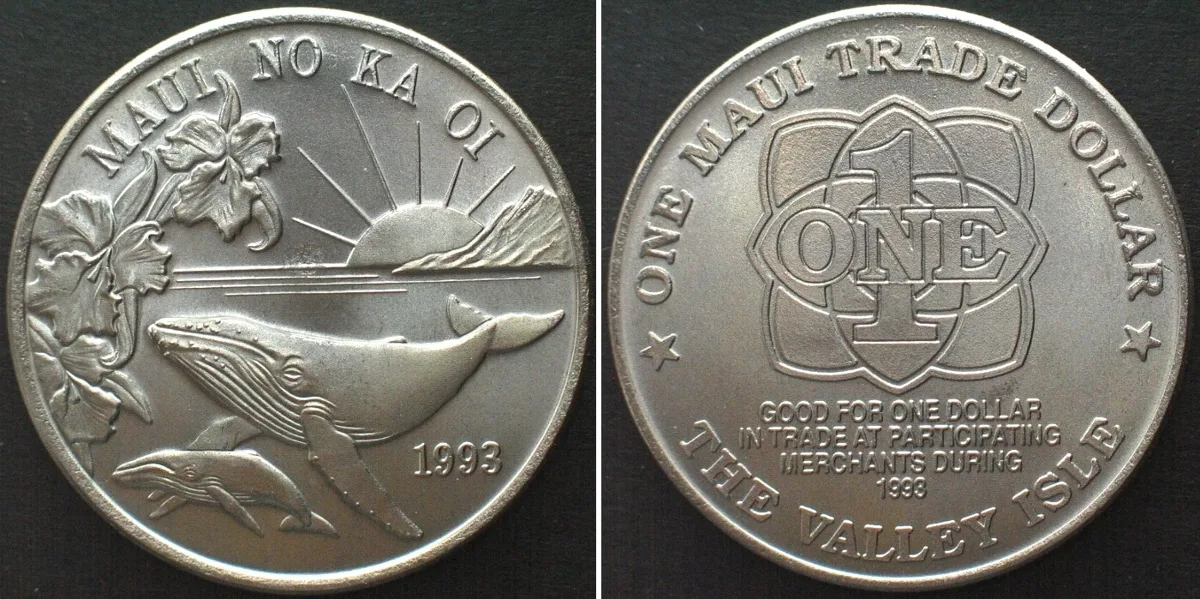 1993 HAWAII Maui Trade Dollar 1993, Whales, Cu-Ni BU