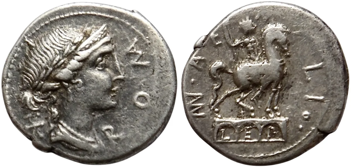 The Roman Republic. Mn. Aemilius Lepidus. AR Denarius (3.92 g), Rome, 114/3 BC.