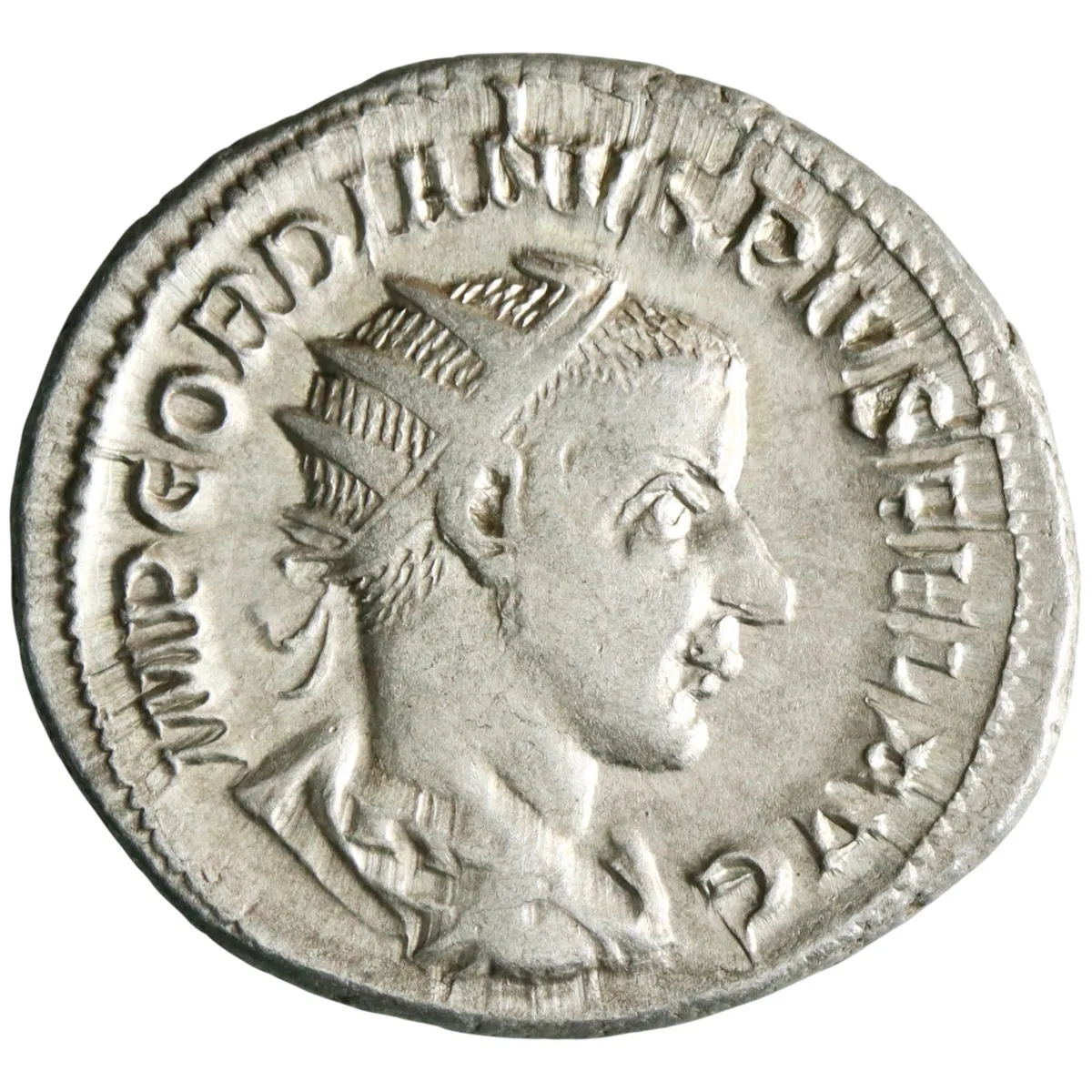 Roman: Gordian III (238-244), silver antoninianus (4.63g), Rome mint, 238-244 CE. Hercules standing right, right hand on hip, left hand on club on rock, lion-skin beside club.