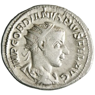 Roman: Gordian III (238-244), silver antoninianus (4.63g), Rome mint, 238-244 CE. Hercules standing right, right hand on hip, left hand on club on rock, lion-skin beside club.
