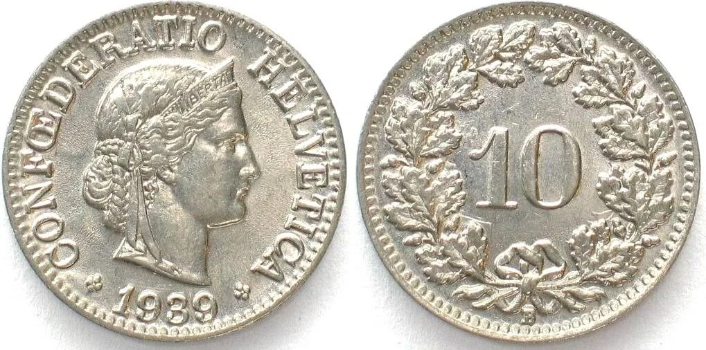1939 SWITZERLAND 10 Rappen 1939 nickel BU!