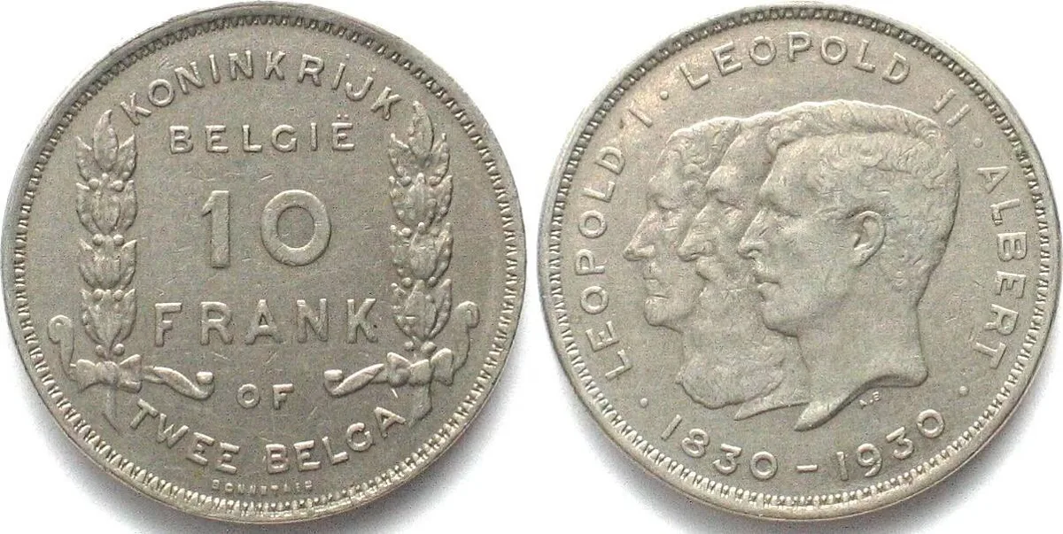 1930 BELGIUM 10 Frank 1930, ALBERT I, 100th ANN. OF INDEPENDENCE Pos.A nickel XF EF