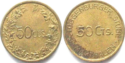 1920 Zurich MARTHALEN 50 cts ND (ca.1920) E. TOGGENBURGER STUBE brass 20mm EF