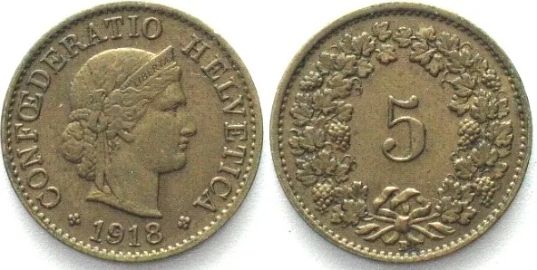 1918 SWITZERLAND 5 Rappen 1918 brass AU!