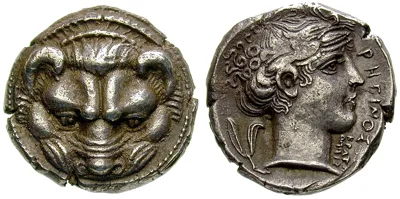 Bruttium, Rhegium, Tetradrachm with a facing lion's head, signed by Kratesippos, XF