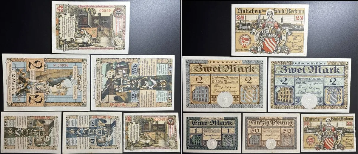 1918,1920 GERMANY. Notgeld. BECKUM 50 Pfennig, 2 Mark 1918, 1 Mark, 2 x 2 Mark 1920 UNC-